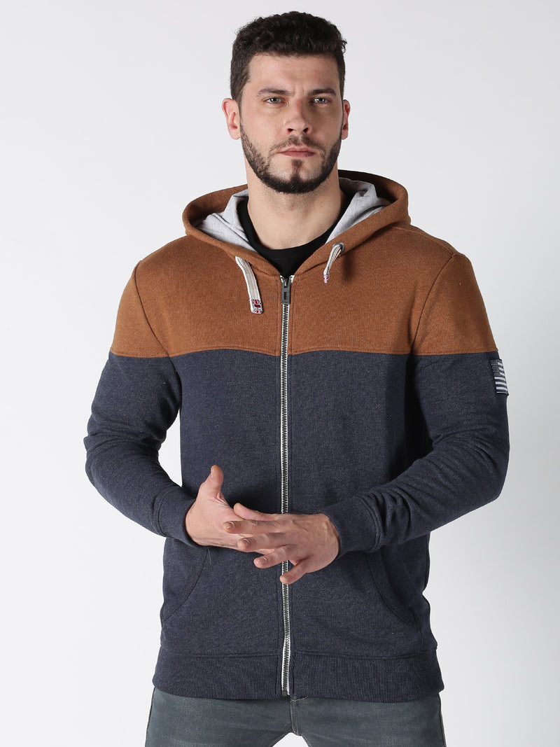 Premium Colorblock (Brown-Navy) French Terry Hoodie with Zipper - Mid Weight all season
